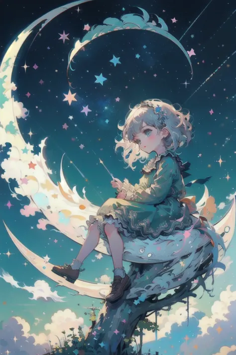 (a little girl), charming, short white dress, dragon, cute, (sitting moon), moon, stars, clouds, masterpiece, best quality,  (ma...