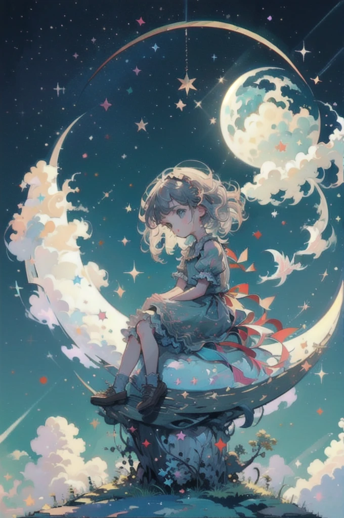 (a little girl), charming, short white dress, dragon, cute, (sitting moon), moon, stars, clouds, masterpiece, best quality,  (masterpiece,best quality:1.5)