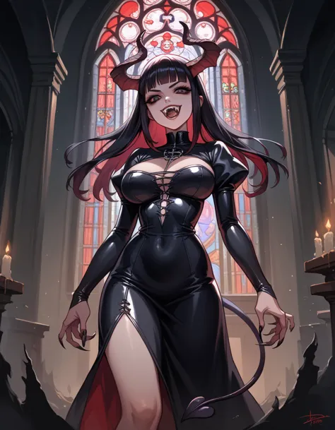 portrait oil on canvas painting , dark gothic church, beautiful busty asian succubus woman, long thin demon tail, black eyes, sh...