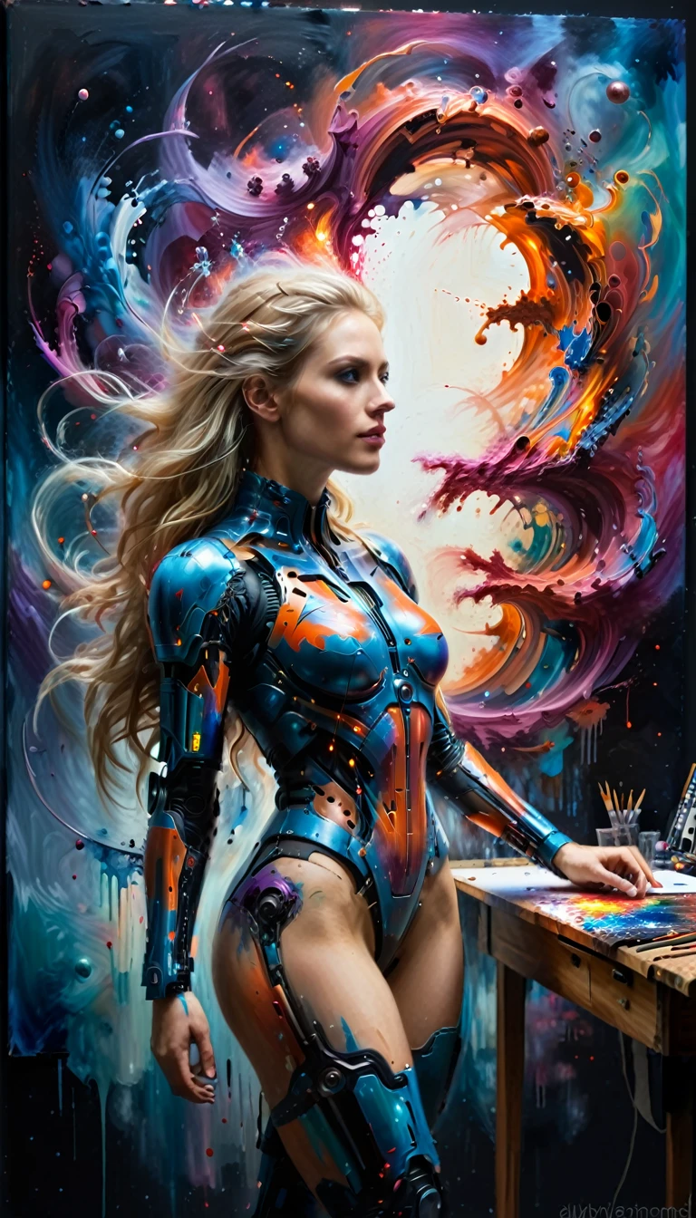 The easel, the paints, the artist, standing Full-length, cyborg woman drawing self-portrait in oil paints, blonde hair, (Best quality, 4K, 8k, A high resolution, masterpiece:1.2), absurdity, masterpiece, ultra detailed, Side view:1.2, (realistic, photorealistic, photorealistic:1.37), complex parts, HDR, (complex parts:1.12), (hyper detailed, hyper realistic, Soft lighting, spicy:1.2), beautiful figure, Magnificent Anatomy, (complex part, Hyper detailed:1.15), Smooth skin,