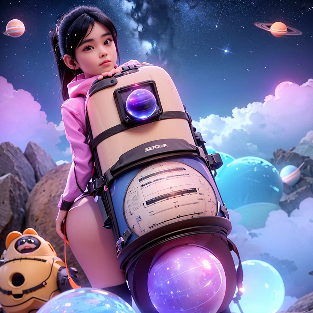 A cute astronaut, in the distance, in a space suit with a solid, gradient visor, standing on an out-of-focus planet with a realistic solar system in the background in pastel purple, pink, and blue colors in a 3D style.