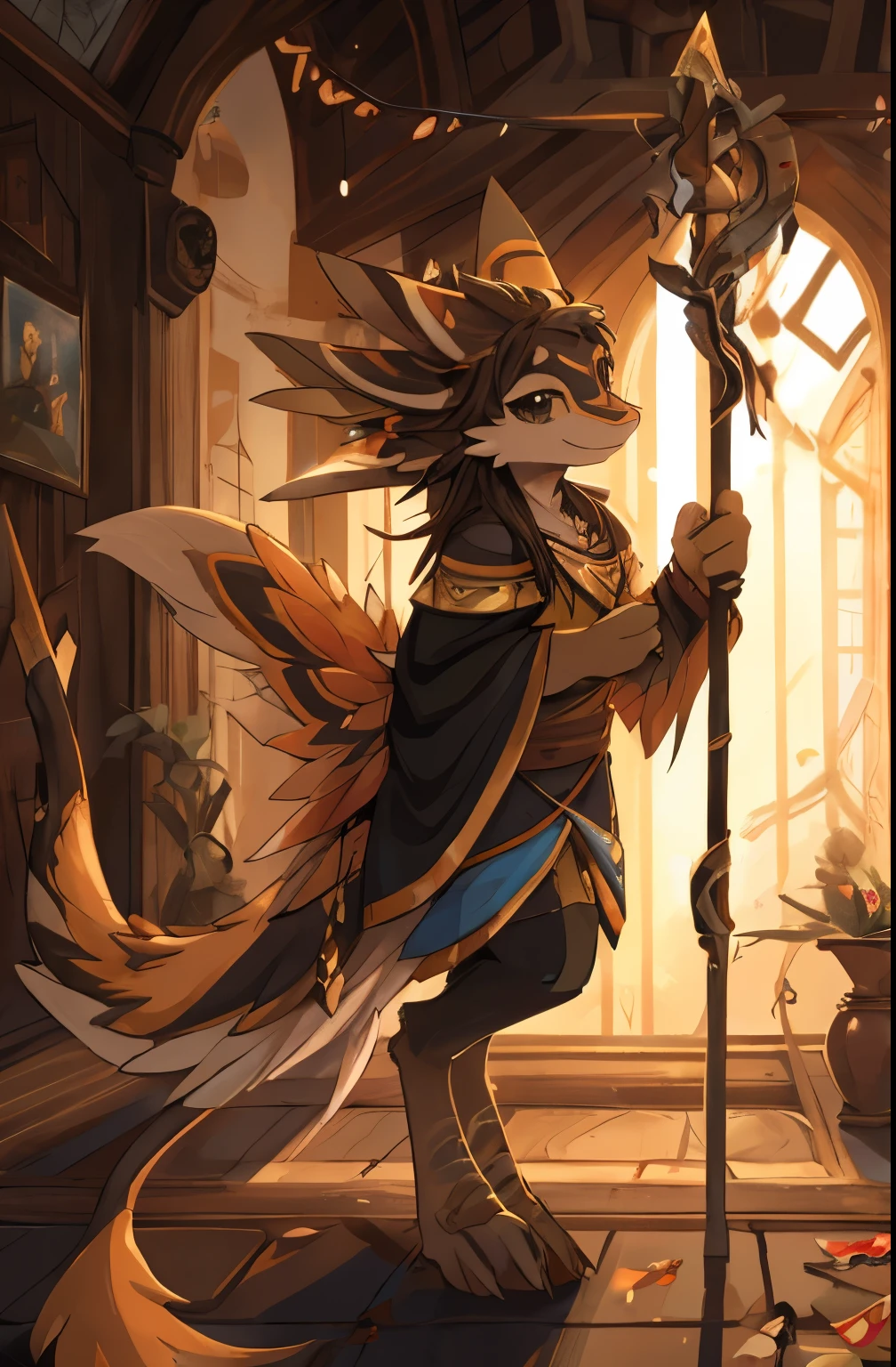 Avali,antro,solo,furry art,full body, orange and brown, clothes, long hair, girl, wholesome, cute, smiling, hot, epic, epic details, acessories, holding a staff, hot clothes, awesome looking, adorable, 