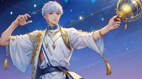 a young, indonesian fair-skinned muscular, full body, male with short white hair wearing a white and blue ornate outfit against ...