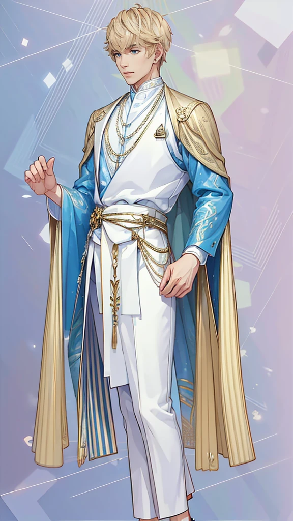 A young, indonesian fair-skinned muscular, full body, male with short White hair wearing a white and blue ornate outfit against a starry night sky background