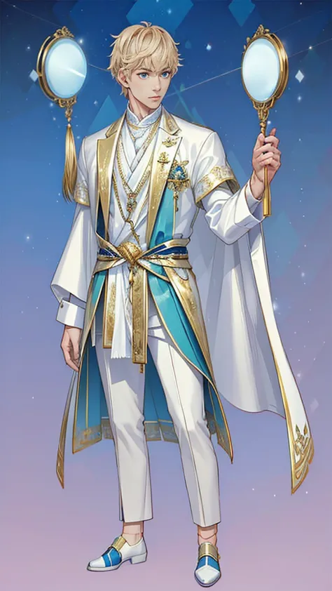 a young, indonesian fair-skinned muscular, full body, male with short white hair wearing a white and blue ornate outfit against ...