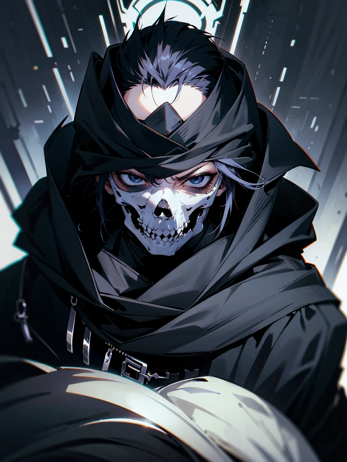 1male, adult, vergil hair, black hair, spiky hair, hood over head, black eyes,  skull mask, eye piercing, lazy expression, black techwear jacket, black sweatpants, lean build