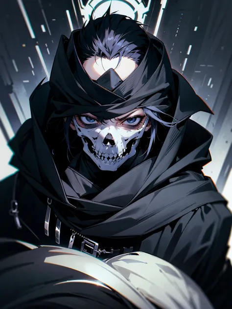 1male, adult, vergil hair, black hair, spiky hair, hood over head, black eyes,  skull mask, eye piercing, lazy expression, black...