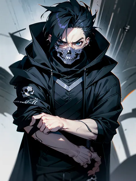 1male, adult, vergil hair, black hair, spiky hair, hood over head, black eyes,  skull mask, eye piercing, lazy expression, black...