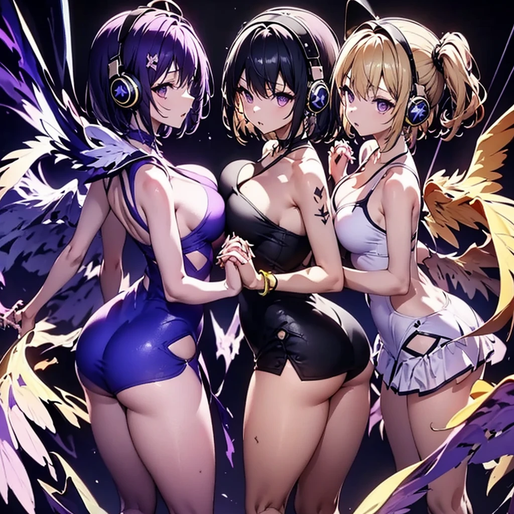 ((Highest quality)), (detailed), Holding hands and standing with their backs together, a girl with dark blue hair, short hair, long bangs, large breasts, purple eyes, and white headphones, and a girl with average size, small breasts, long blonde hair, purple eyes, and a long side ponytail with large wings, flames、Idol、Holding hands and standing back to back.0、Yellow and purple light cube background 1.7、Idol衣装1.6、Anatomically correct 2.0、Two people 2.0、Pastel 0.6