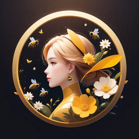 simple, cool, symbol logo, facial profile, 8k, a bee, flowers floating in a circle