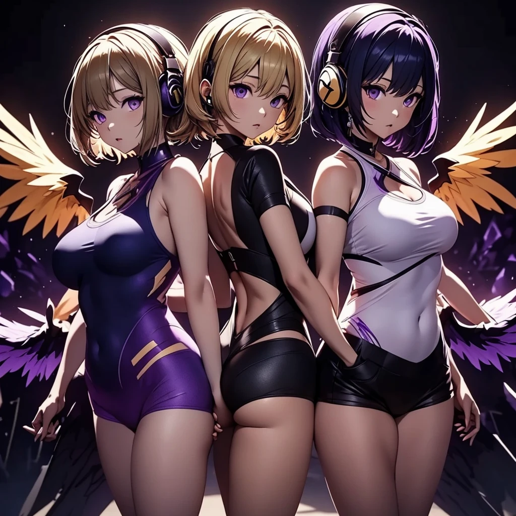 ((Highest quality)), (detailed), Holding hands and standing with their backs together, a girl with dark blue hair, short hair, long bangs, large breasts, purple eyes, and white headphones, and a girl with average size, small breasts, long blonde hair, purple eyes, and a long side ponytail with large wings, flames、Idol、Holding hands and standing back to back.0、Yellow and purple light cube background 1.7、Idol衣装1.6、Anatomically correct 2.0、Two people 2.0、Pastel 0.6