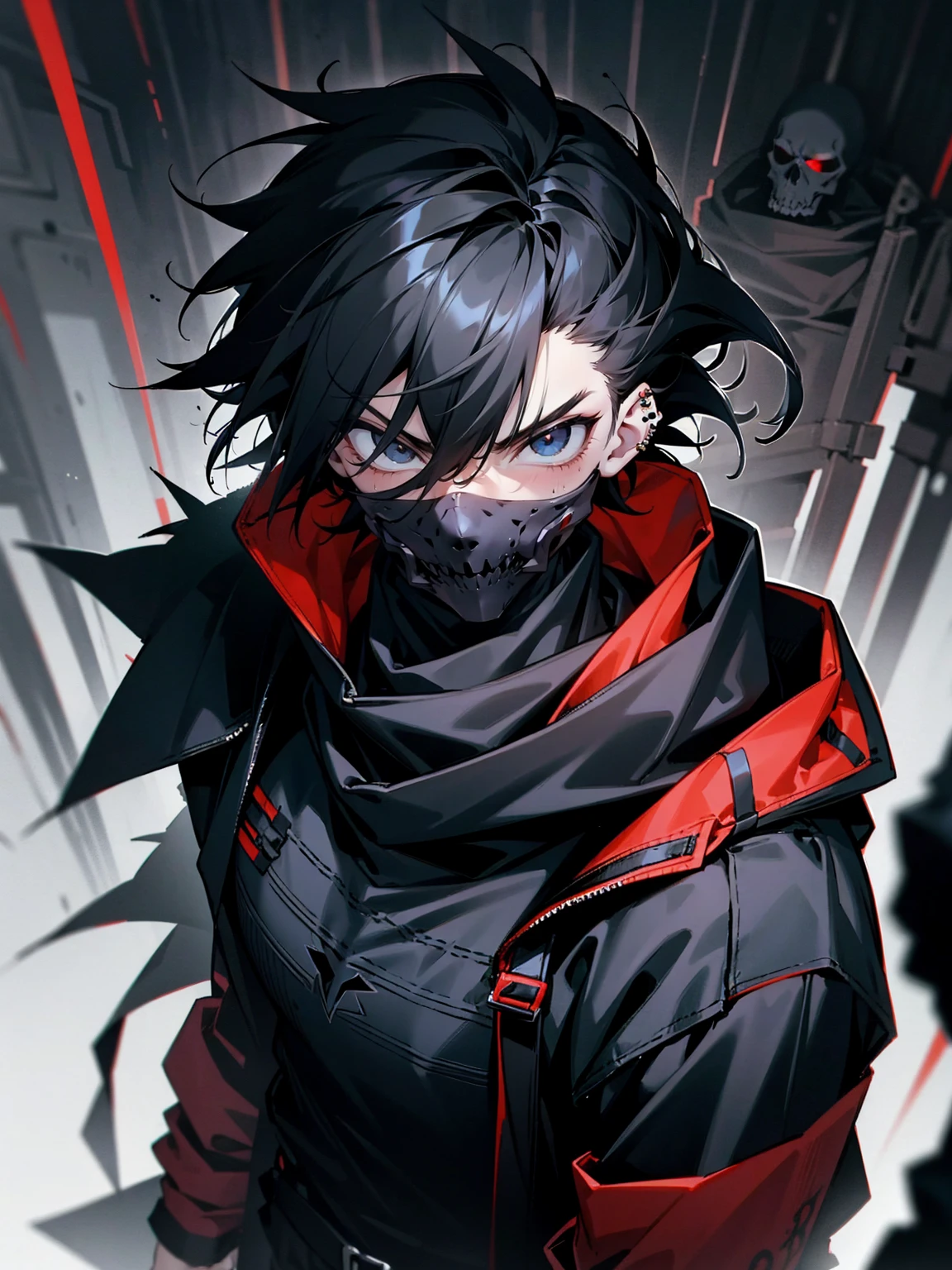 1male, adult, messy hair, black hair, spiky hair, beanie, hood on head, black eyes, red skull mask, eye piercing, lazy expression, serious expression, black techwear jacket, black sweatpants, lean build