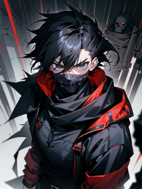 1male, adult, messy hair, black hair, spiky hair, beanie, hood on head, black eyes, red skull mask, eye piercing, lazy expressio...