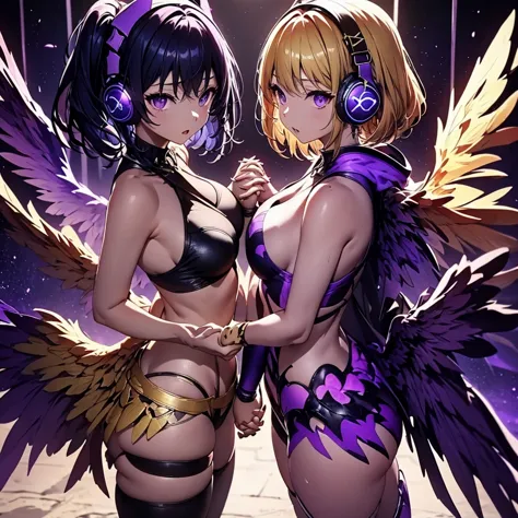 ((highest quality)), (detailed), holding hands and standing with their backs together, a girl with dark blue hair, short hair, l...