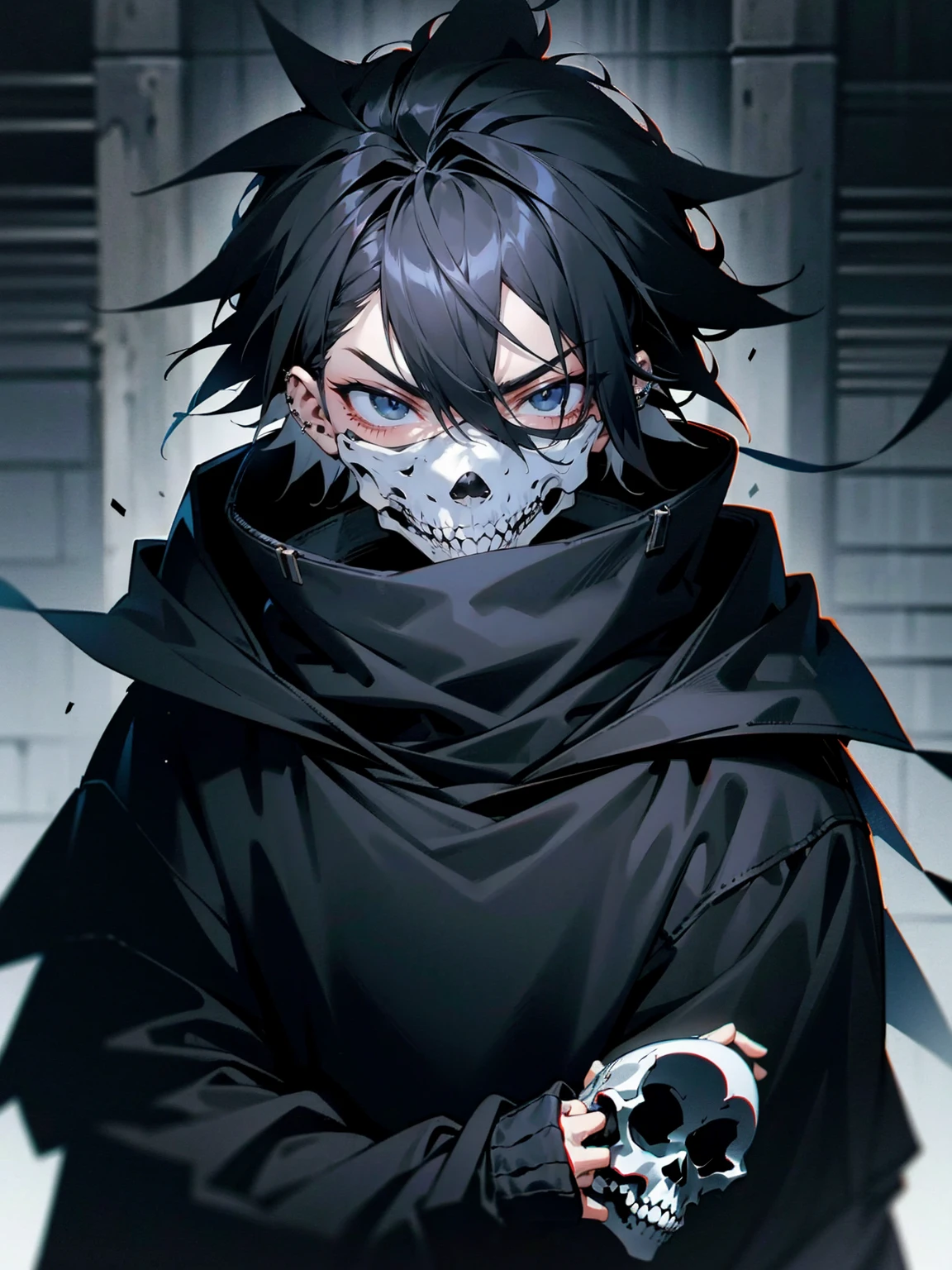 1male, adult, messy hair, black hair, spiky hair, beanie, hood on head, black eyes, skull mask, eye piercing, lazy expression, serious expression, black techwear jacket, black sweatpants, lean build