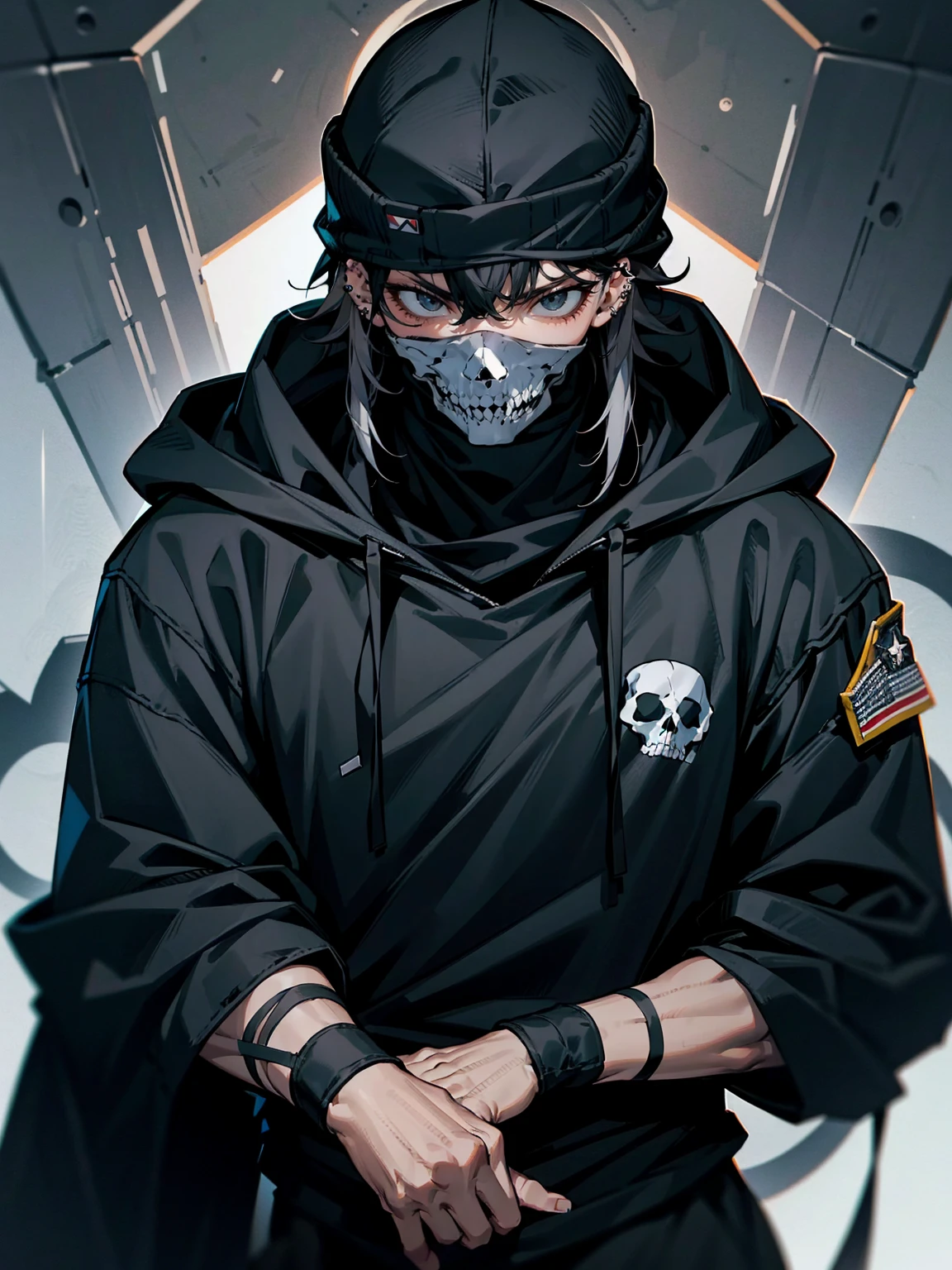 1male, adult, messy hair, black hair, beanie, hood ver head, black eyes, skull mask, eye piercing, lazy expression, serious expression, black military outfit, black sweatpants, muscular build