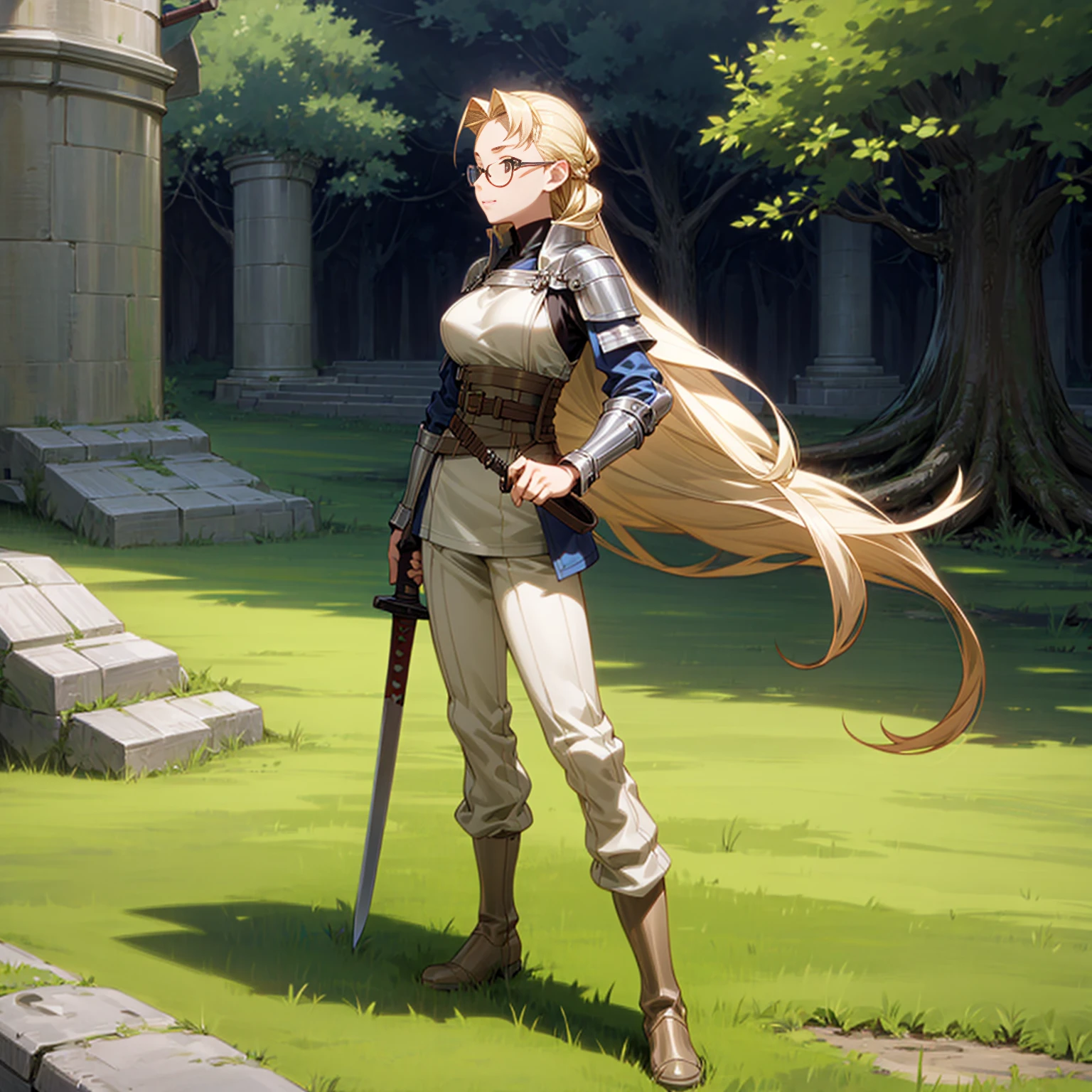 Solo character, full body version, young girl, brown eyes, blonde color hair, very long hair, long bob hair, soldier clothing, bare shoulder clothing, boots, outdoor, Castle, medieval, morning, standing gesture, detailed background, detailed clothing, detailed hair, happy eyes, (food wars style art), glasses, sword in hand, very big breast 