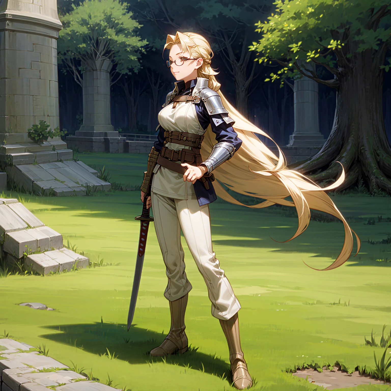 Solo character, full body version, young girl, brown eyes, blonde color hair, very long hair, long bob hair, soldier clothing, bare shoulder clothing, boots, outdoor, Castle, medieval, morning, standing gesture, detailed background, detailed clothing, detailed hair, happy eyes, (food wars style art), glasses, sword in hand, very big breast 