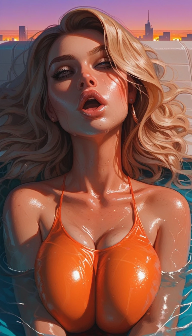 score_9, score_8_up, score_8_up, 1girl, in a swimming pool, lying on pool edge,  posing sexy, nsfw,  front view ,   face up,wet skin, tight black and Orange swimsuit, swimsuit material detail, showing off her body,  ((breast worship)), dreamy eyes, blonde hair, moaning, sweaty skin, waterdrop on her lips, arching back,  squeeze her breast with her hands, fit body, tight tits, teardrop shaped ,, thin waists, godrays, beautiful pool, sunset sky, orange purple sky, Los Angeles  city skyline, city skyline in the background pool chairs, negative_hand, g0thicPXL, GTA