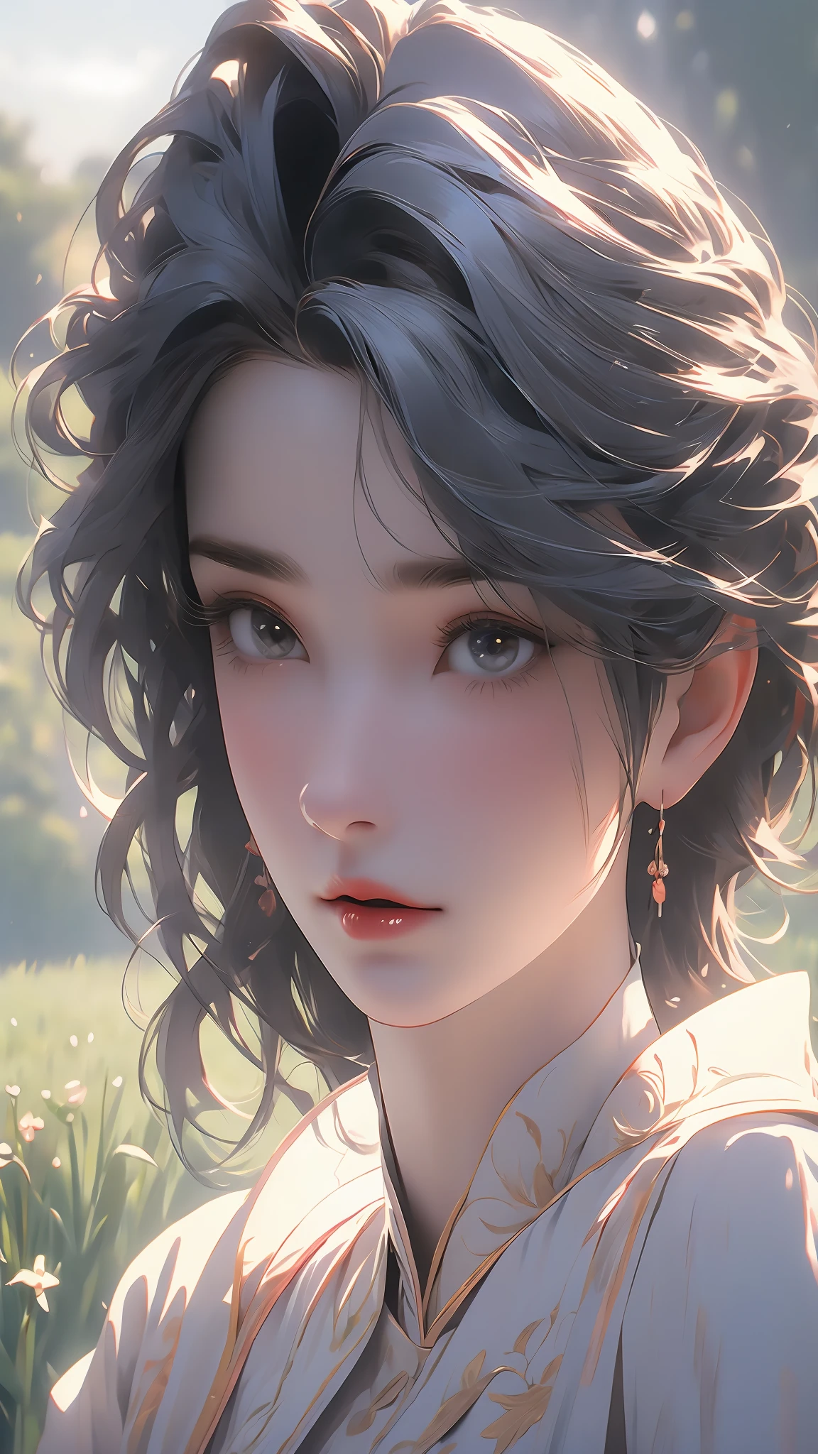 (best quality, 8k: 1.2), super detailed, realistic : 25 ans, fille sur la pelouse, nature, messy hair, cheveux courts, sky light and shadow images net bag