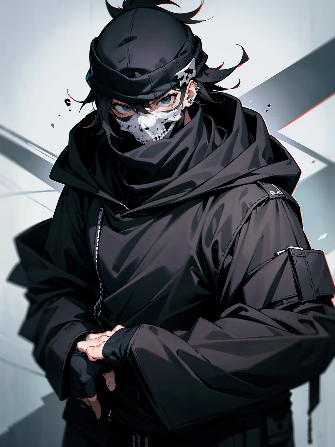 1male, adult, messy hair, black hair, beanie, hood ver head, black eyes, skull mask, eye piercing, lazy expression, serious expression, black military outfit, black sweatpants, muscular build