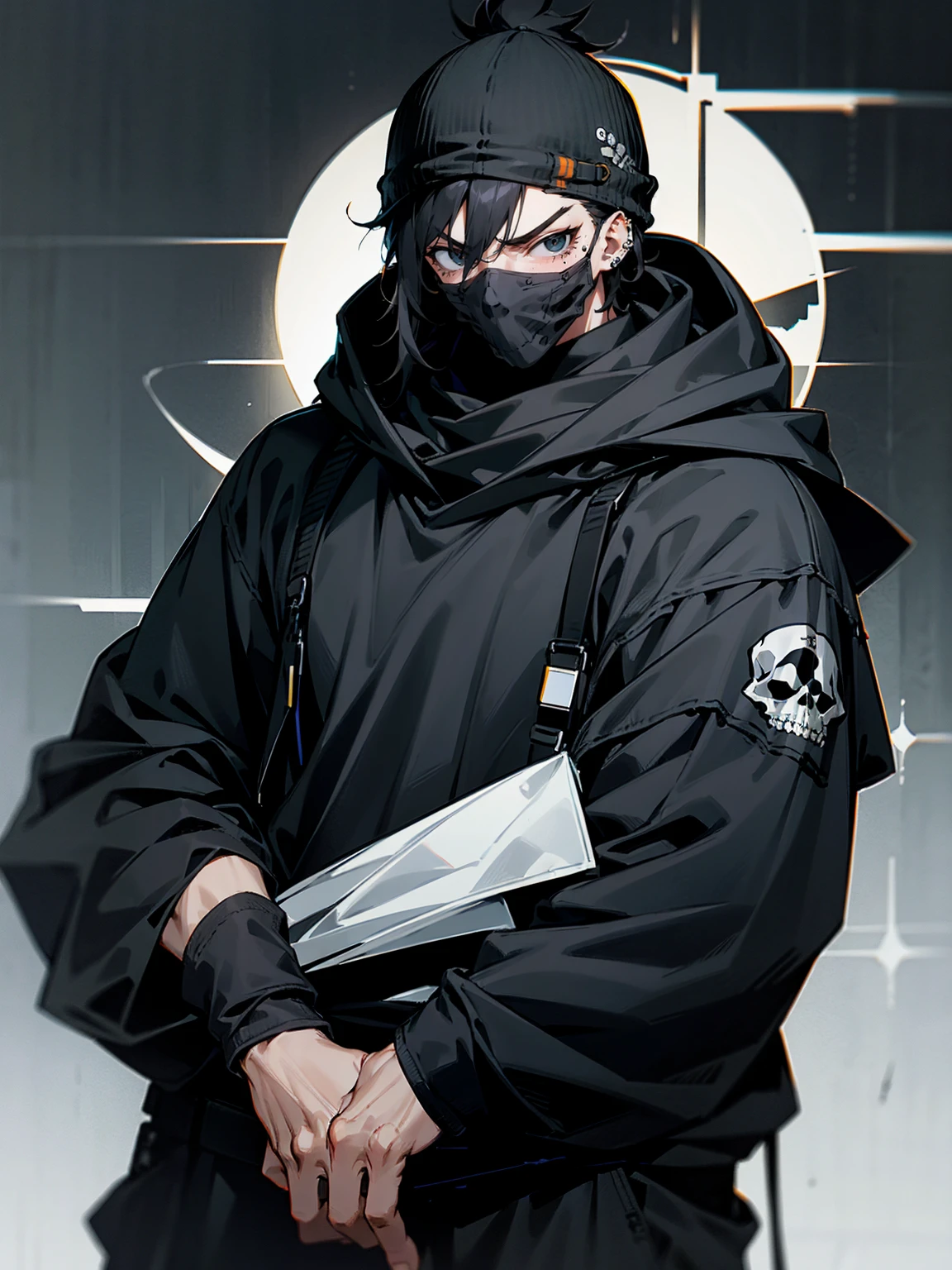 1male, adult, messy hair, black hair, beanie, hood ver head, black eyes, skull mask, eye piercing, lazy expression, serious expression, black military outfit, black sweatpants, muscular build