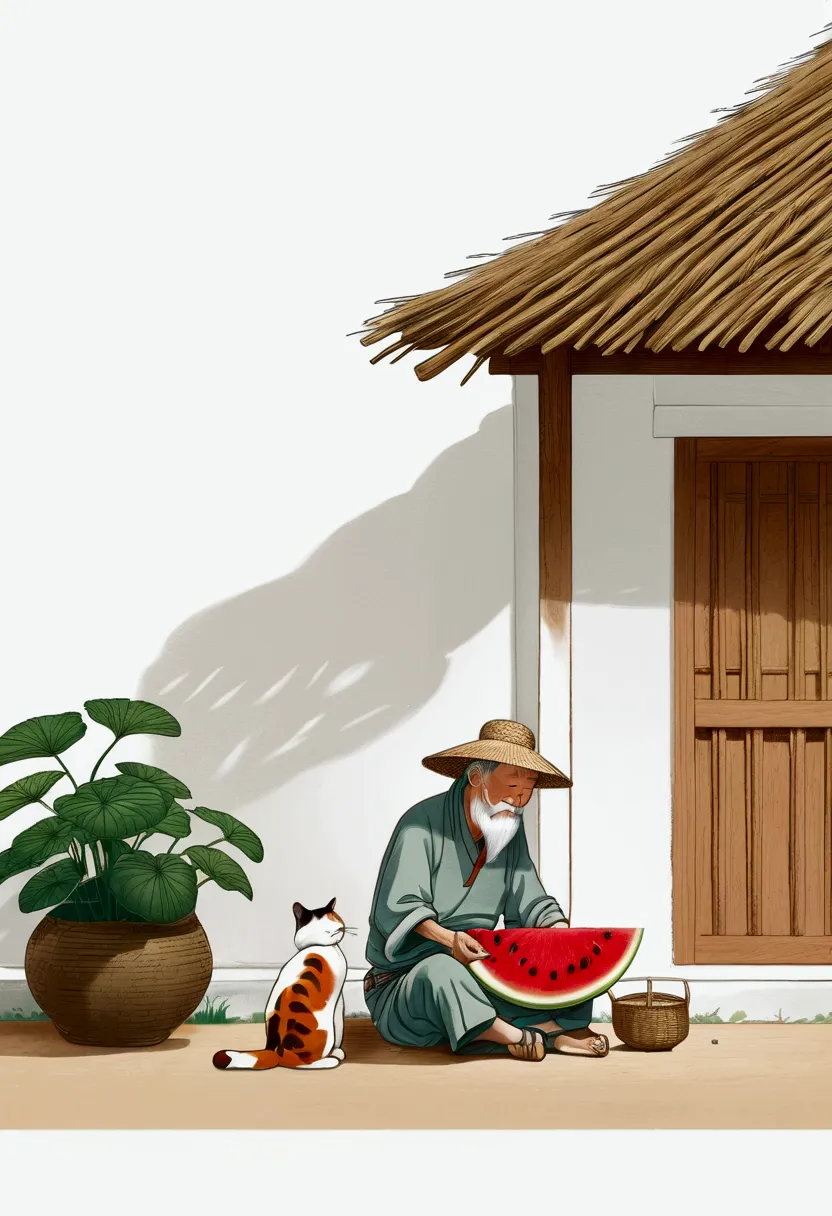 (((negative space，far away，corner composition))).an old man wearing a straw hat sitting under a thatched roof eating watermelon,...