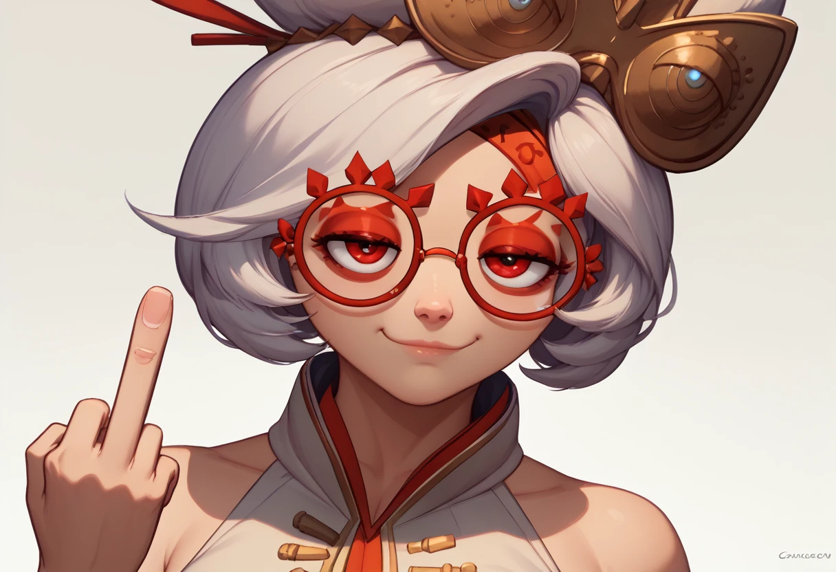 score_9, score_8_up, score_7_up, BREAK IncrsPersonaCutInXL,close-up, simple background,purah,hair ornament, red headband, red glasses, sleeveless shirt,smug,middle finger 