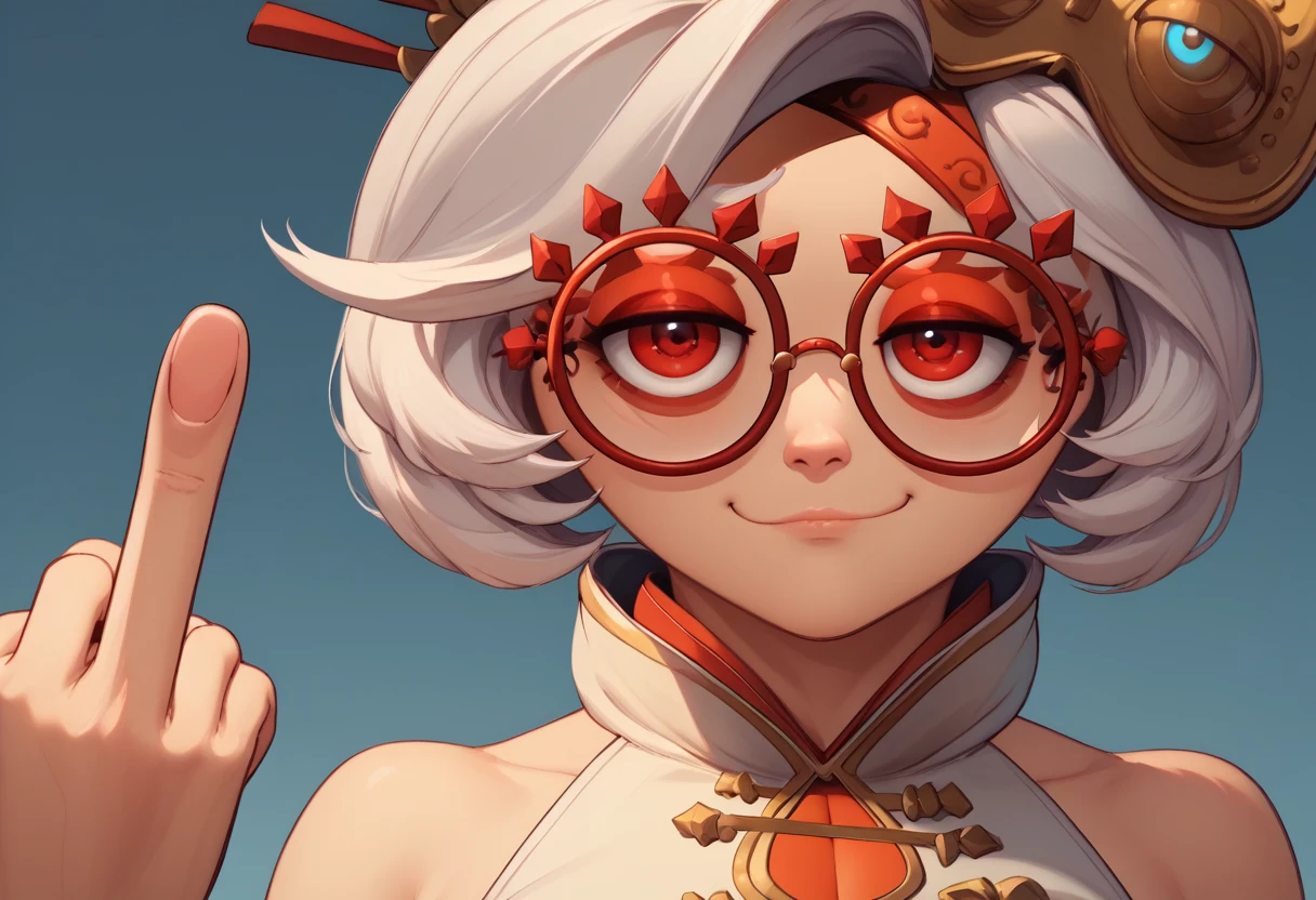 score_9, score_8_up, score_7_up, BREAK IncrsPersonaCutInXL,close-up, simple background,purah,hair ornament, red headband, red glasses, sleeveless shirt,smug,middle finger 