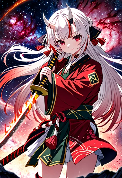 8k ultra high-quality, ultra-detailed, high quality, nakiri ayame, white oni horns, red blade katana, full body, galaxy backgrou...