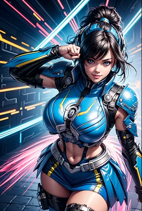 cyber punk, digital painting of a woman with royal blue and black hair, superhero, muscle girl, pause, raise your fist, from abo...