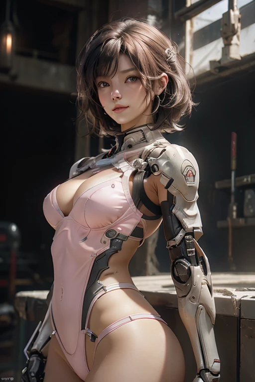 Ultra-realistic, Very detailed, (Pink short hair, Brown eyes, Cleavage, black, transparent, See-through Armor:1.5, Clothing cutouts, Blurred Background, sf, Exquisitely crafted, Half-mechanical humanoid,Too much exposed skin,cyber punk,whole body), (Future city night view background:1.25,Blur the background),  masterpiece, Highest quality, Wide-angle, Very detailedな, masterpiece, Highest quality, 8k, Natural light, Soft lighting, sunlight, High resolution (High Dynamic Range), Maximum clarity and sharpness, Multilayer Texture