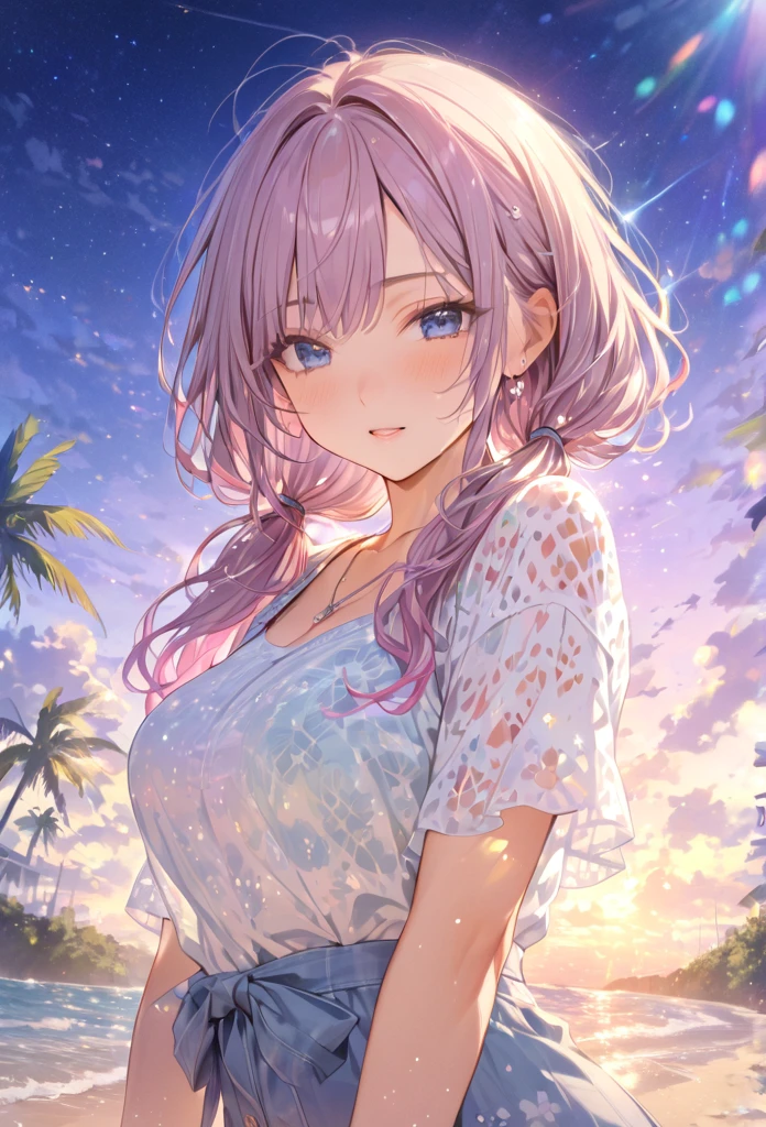 Highest quality　masterpiece　High resolution　masterpieceグレーアイズ　Low Twintails、casual summer outfit　、flowerpunk、Sparkling light particles、Vivid gradient effect