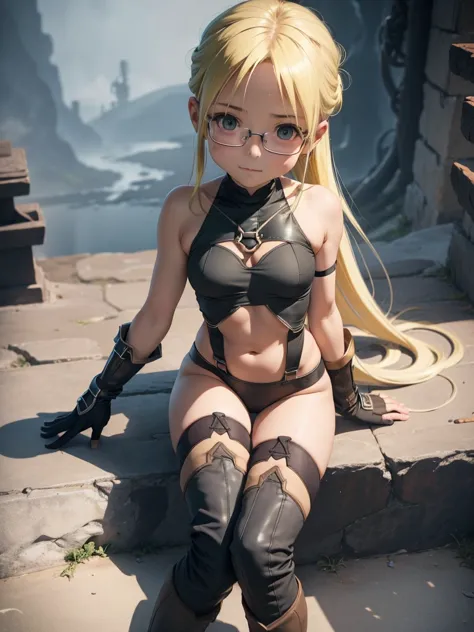 riko from made in abyss wearing sexy black thigh-high stockings, a top, and black boots that reach her knees, she is wearing und...