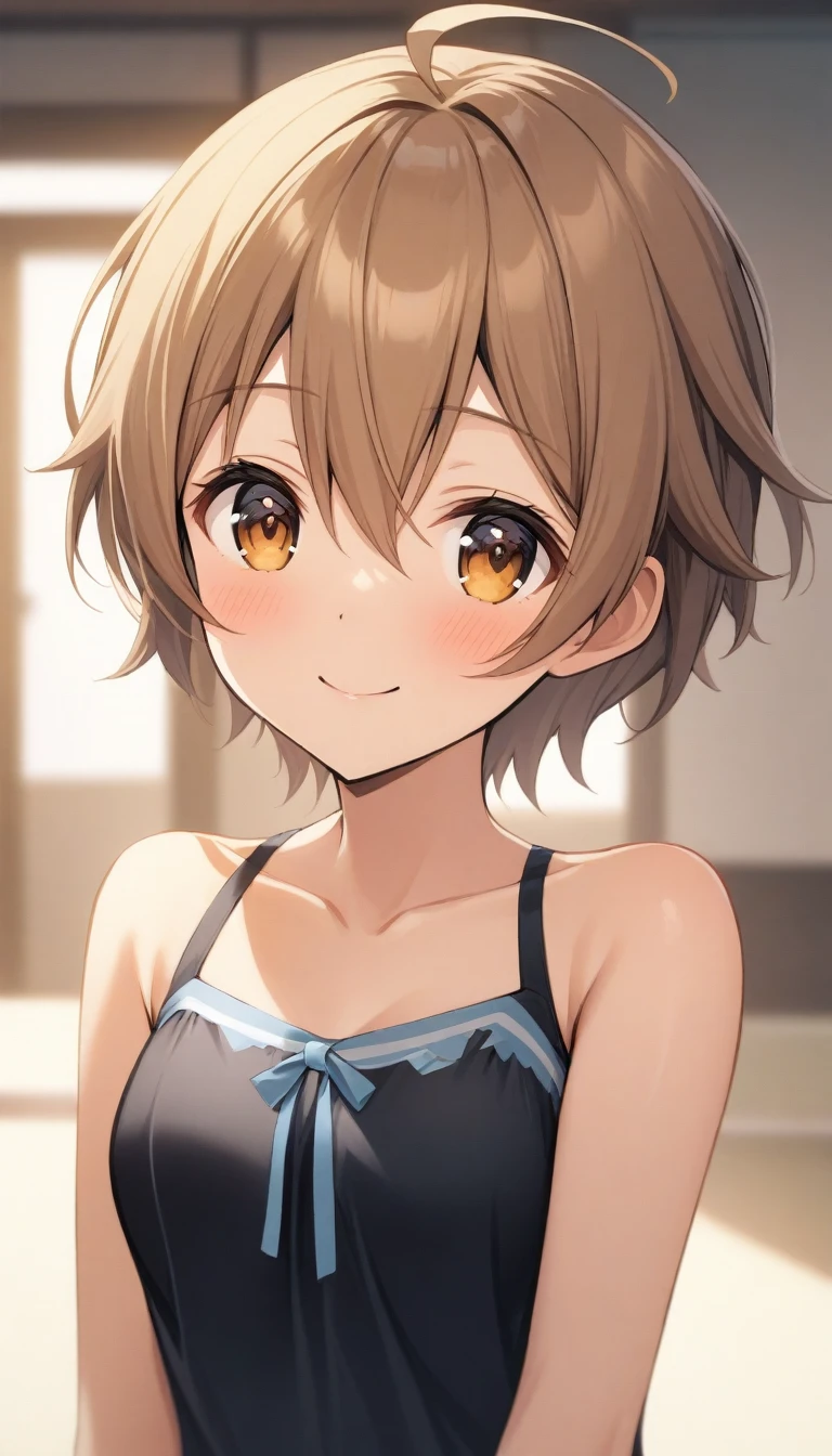 masterpiece, best quality, very aesthetic, absurdres, very detailed, score_9, score_8_up, score_7_up, depth of field, ((1girl solo, girl only, female focus, upperbody)), (mashiro_tomoya, brown hair, brown eyes, short hair, hair between eyes, bangs, ahoge), happy, looking at viewer, facing viewer, collarbone, , Swimsuit