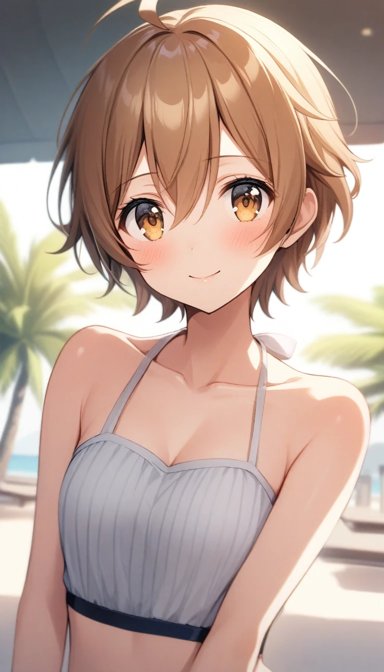 masterpiece, best quality, very aesthetic, absurdres, very detailed, score_9, score_8_up, score_7_up, depth of field, ((1girl solo, girl only, female focus, upperbody)), (mashiro_tomoya, brown hair, brown eyes, short hair, hair between eyes, bangs, ahoge), happy, looking at viewer, facing viewer, collarbone, , Swimsuit