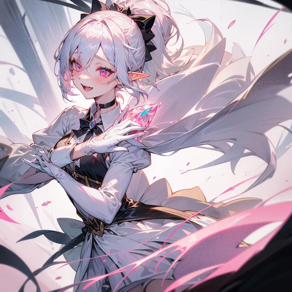 elf, silver hair, female, a girl, , female , glad, laughing, short hair, ponytail, covering one eye, pink eyes, pale skin, tiny, slim, wizard hat, choker, Tuxedo, White gloves, ribbon, skirt, Gothic Lolita, magic effect, pink Rose, s wand with pink gem