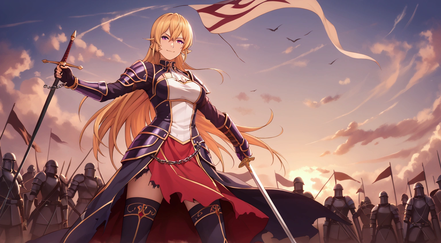  (asura art styel:0.7), score_9, score_8_up, score_7_up, score_6_up, erina nakiri, blonde hair, long hair, purple eyes, BREAK  Anime Style, Manga Style, Hand drawn, cinematic, Sharp focus, humorous illustration, big depth of field, Masterpiece, concept art, trending on artstation, Vivid colors, Simplified style, trending on ArtStation, trending on CGSociety, Intricate, Vibrant colors, Soft Shading, Simplistic Features, Sharp Angles, Playful BREAK, 1girl, long hair, breasts, looking at viewer, thighhighs, dress, holding, standing, weapon, outdoors, sky,  sword, cloud, armor, chain, holding sword, polearm, gauntlets, dual wielding, flag, banner, army, smirk, torn clothes, 