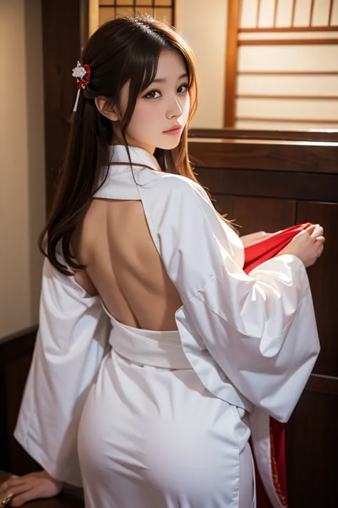 aiki enami dressed as a shrine maiden for the fire god kagura,medium brown hair, big tits, big ass, japanese beauty,