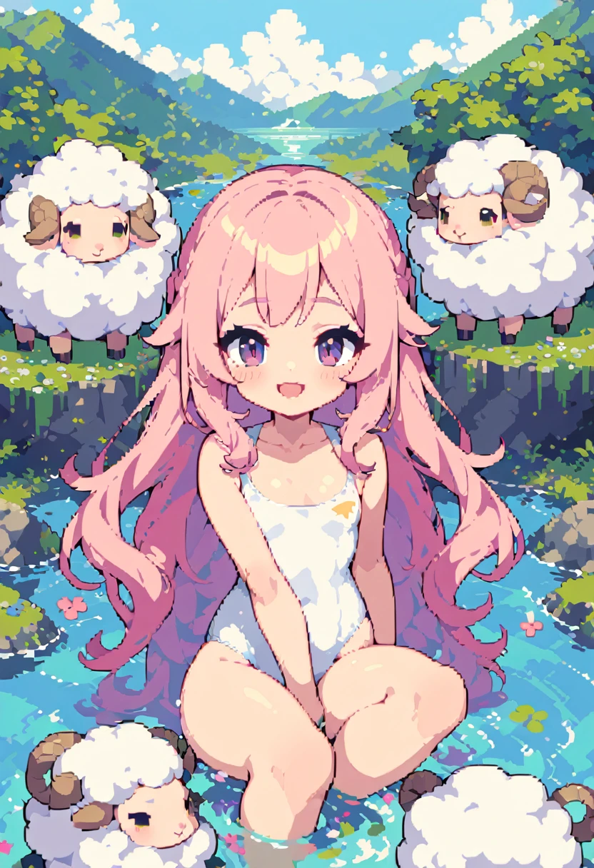 masterpiece, Highest quality, 8k, Pixel art, Pixel art, Vivid, Sheep, woman, 若いwoman, smile, cute, Directed at an angle, Open your mouth, Fluffy hair, Long Hair, Hair like sheep's hair, Pink Hair, eyebrow, 太いeyebrow, One piece swimsuit, Bathing