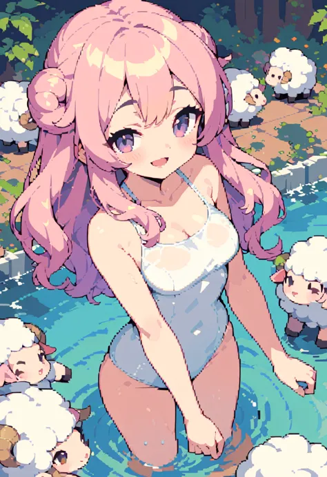 masterpiece, highest quality, 8k, pixel art, pixel art, vivid, sheep, woman, 若いwoman, smile, cute, directed at an angle, open yo...