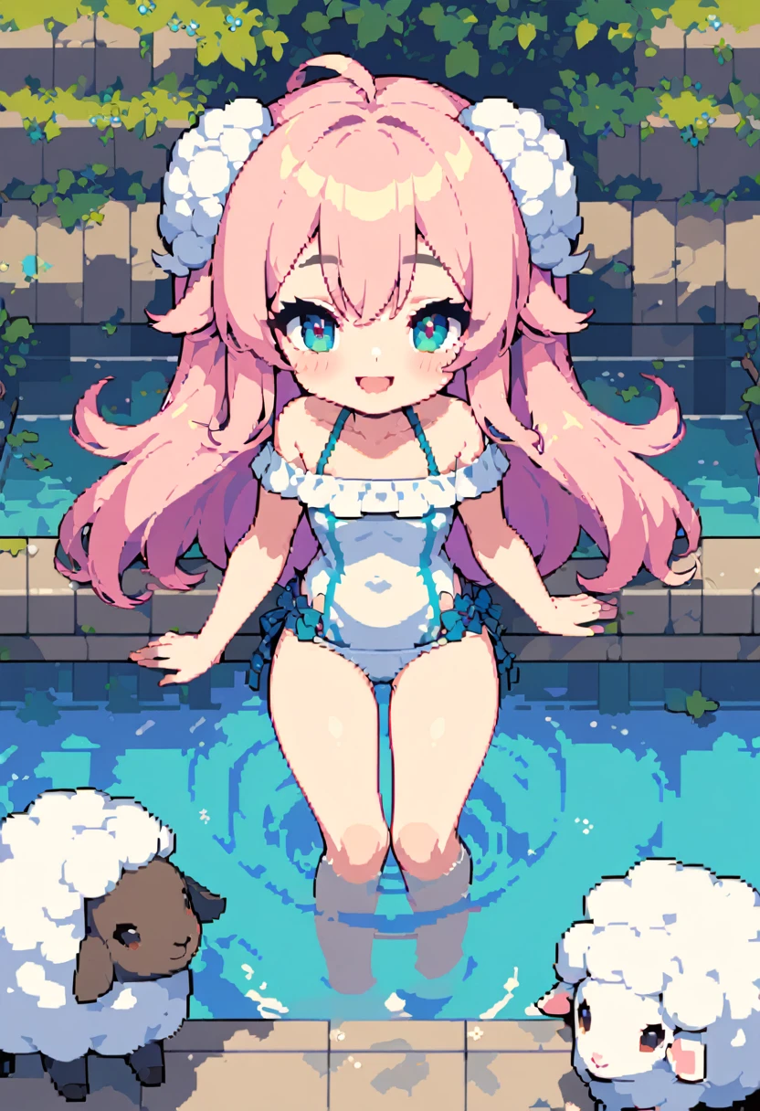 masterpiece, Highest quality, 8k, Pixel art, Pixel art, Vivid, Sheep, woman, 若いwoman, smile, cute, Directed at an angle, Open your mouth, Fluffy hair, Long Hair, Hair like sheep's hair, Pink Hair, eyebrow, 太いeyebrow, Off-the-shoulder swimwear, Bathing