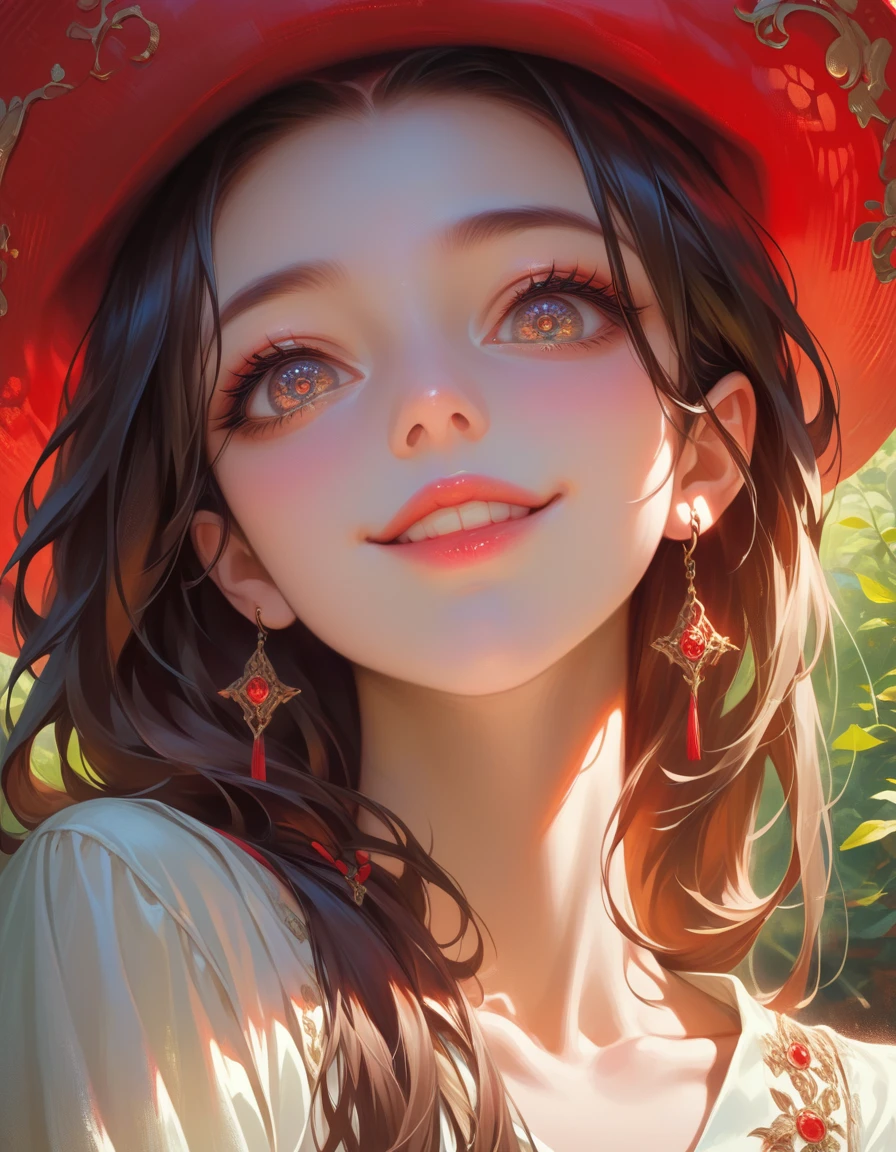 A cute anime girl with long brown hair, wearing a red hat, smiling in a lush forest scene, highly detailed portrait, beautiful detailed eyes, beautiful detailed lips, extremely detailed face, long eyelashes, photorealistic, 8k, masterpiece, vibrant colors, warm color palette, soft lighting, cinematic composition, (below shot) , (cowboy shots) 