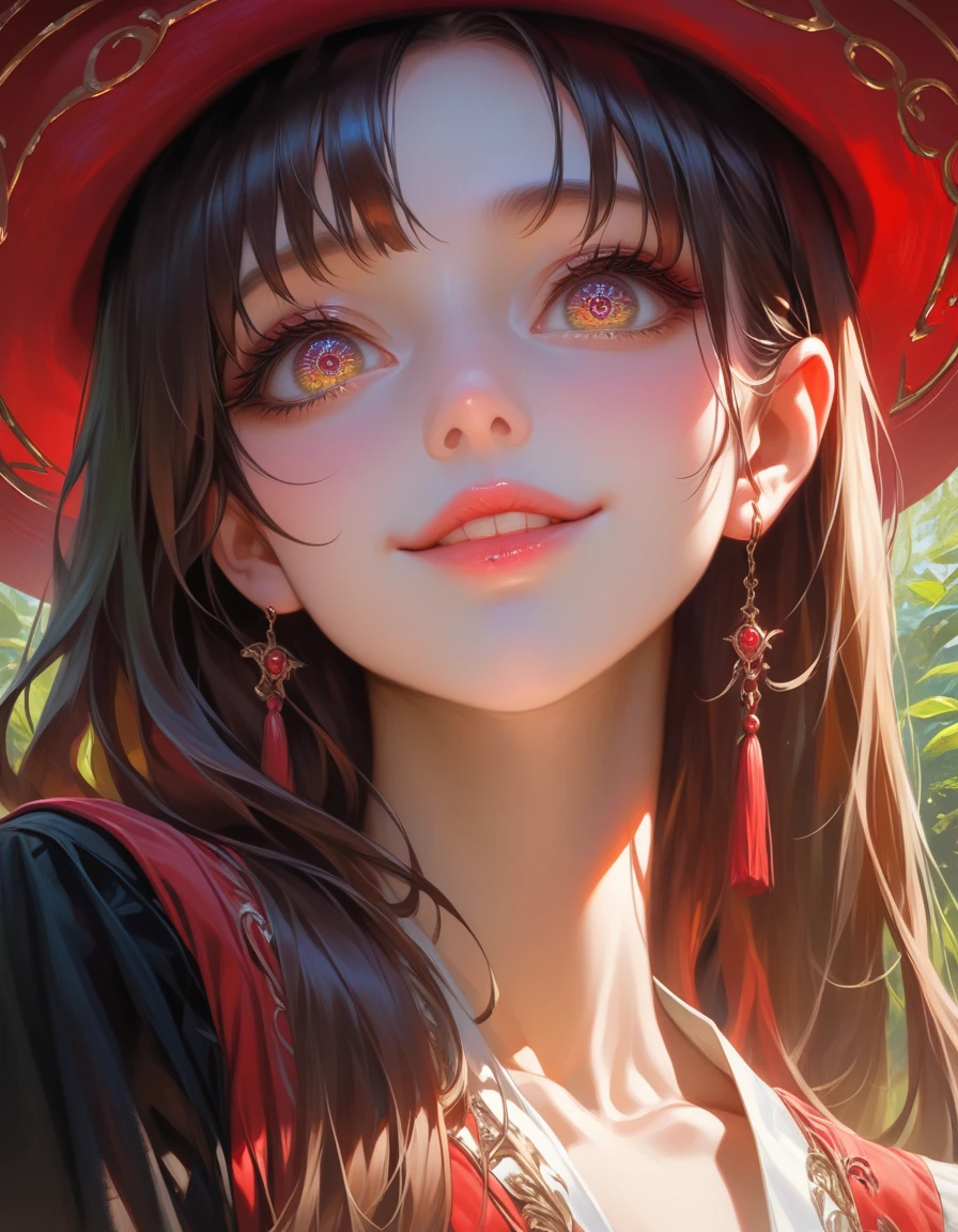 A cute anime girl with long brown hair, wearing a red hat, smiling in a lush forest scene, highly detailed portrait, beautiful detailed eyes, beautiful detailed lips, extremely detailed face, long eyelashes, photorealistic, 8k, masterpiece, vibrant colors, warm color palette, soft lighting, cinematic composition, (below shot) , (cowboy shots) 