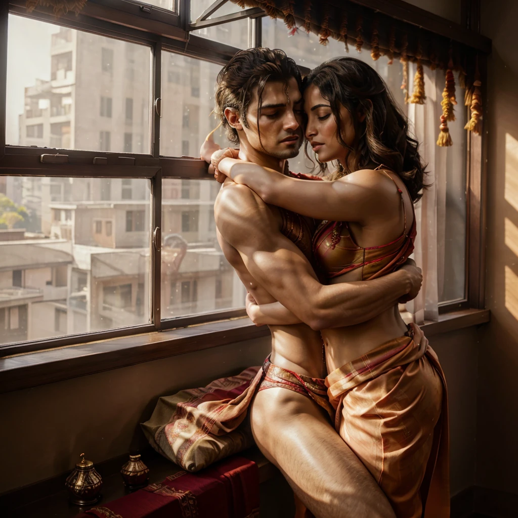 Shirtless boy kissing a sexy woman wearing a saree near a windowsill, natural light beaming through window, passionate, intensely intimate, lustful, hot, hugging tight, both blushing intensely