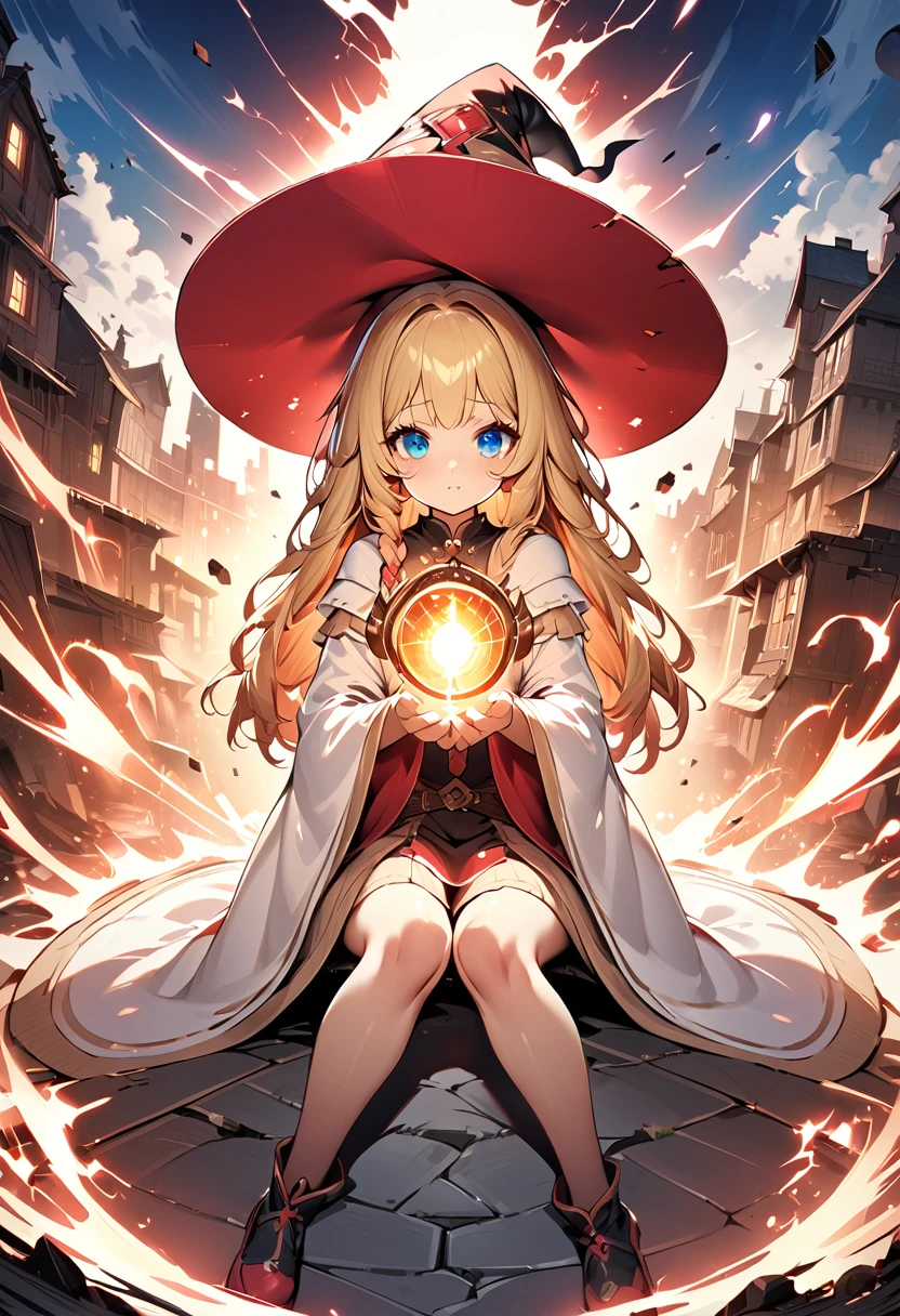 1 girl, trap, Blonde Hair, One-side long braid, blue eyes, flat chest, A short person, White robe, ,(Witch Hat）， （18 years old），Bare legs, Hot，Electric bulb in hand，electrical arcs，Discharge of，Collapse，earthquake，The ground cracked，magic，Thunder holding the golden staff, Ancient battlefield background, Textured Skin, Ultra HD, Ultra HD, Ultra HD, Ultra HD, The award-winning, High Detail, Incredible high-key lighting and shadows, masterpiece, Incredible illustrations