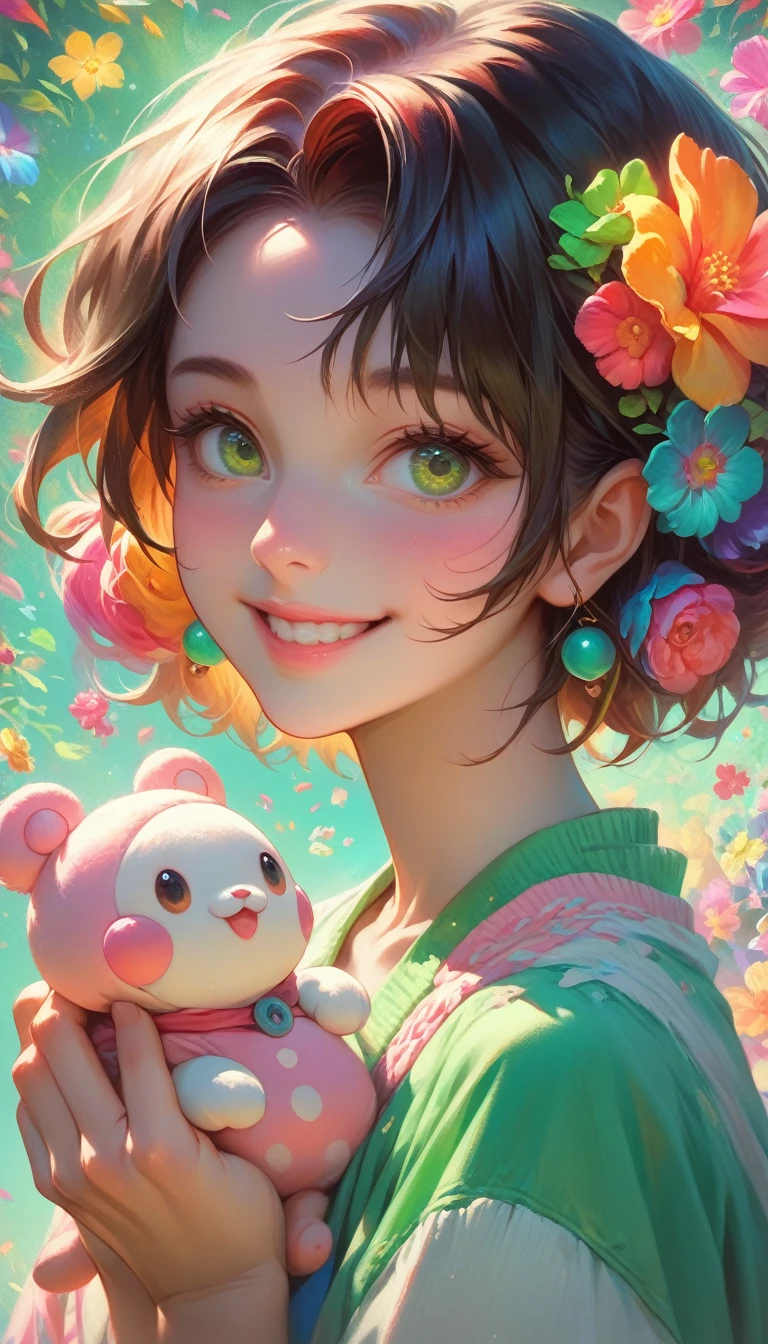 A beautiful anime girl, green eyes, playing with her cute puppy, colorful flowers blooming in the background, dynamic poses, smiling with detailed facial features, hyper realistic, 8k, ultra-detailed, photorealistic, vibrant colors, dramatic lighting, portrait, digital art