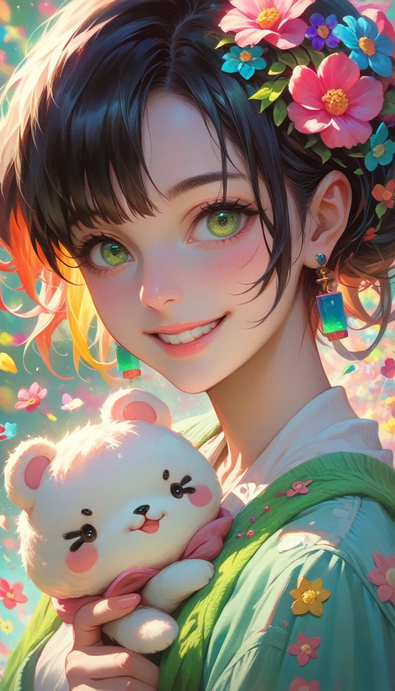 A beautiful anime girl, green eyes, playing with her cute puppy, colorful flowers blooming in the background, dynamic poses, smiling with detailed facial features, hyper realistic, 8k, ultra-detailed, photorealistic, vibrant colors, dramatic lighting, portrait, digital art