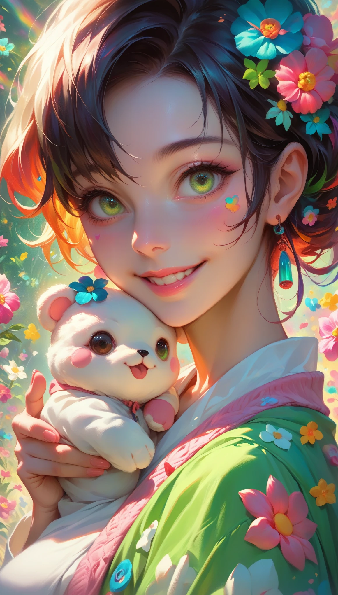 A beautiful anime girl, green eyes, playing with her cute puppy, colorful flowers blooming in the background, dynamic poses, smiling with detailed facial features, hyper realistic, 8k, ultra-detailed, photorealistic, vibrant colors, dramatic lighting, portrait, digital art