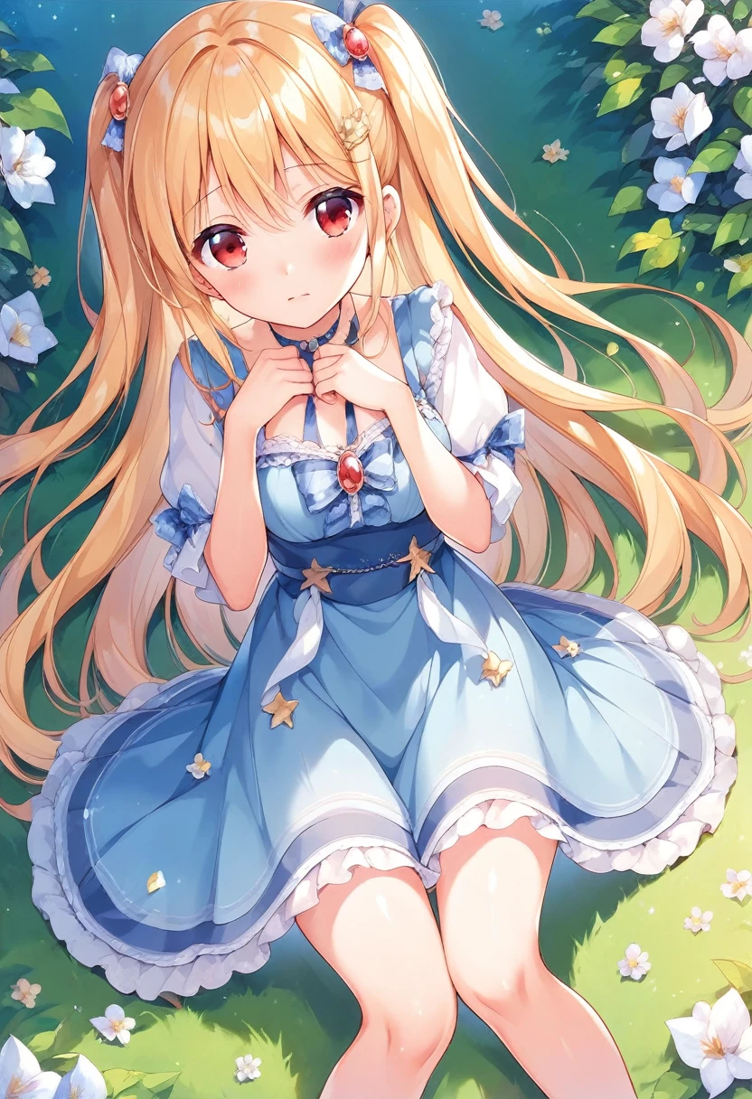 A cheerful and kind-looking girl with long, two-sided blonde hair.、Red eyes、A somewhat childish female junior high school student、My cheeks turn red and I feel embarrassed、Dress modestly、Sit on the grass、、garden、Enchanting anime girl, anime style, Best anime girl,   style, Anime Moe Art Style, Cute girl anime visuals, Beautiful attractive anime teen,